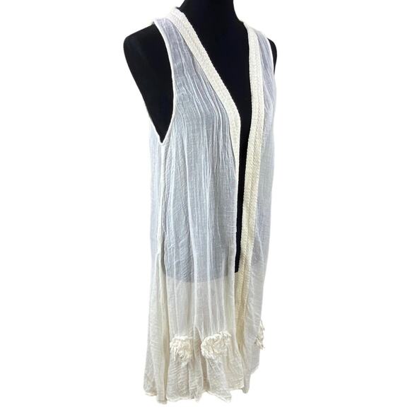 Kai Moon Boho Duster Vest Size M Cream Cotton Gauze Art to Wear Flowers - Picture 2 of 8